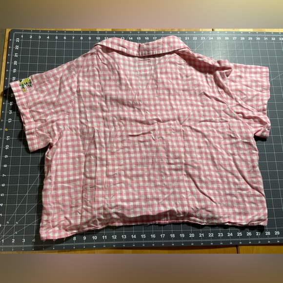 Shiny By Nature Pink Plaid Asymmetrical Cropped Button-up - Picture 2 of 3